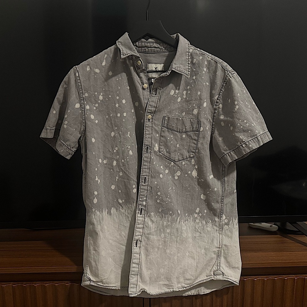 Gray Ombre Two Tone Vintage American Eagle Button Up Short Sleeve Street Shirt